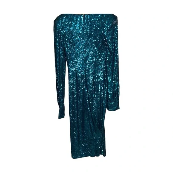 Mac Duggal 26866 Sequined Structured Bishop Sleeve Midi DressTeal Size 4 NWT - Picture 3 of 14